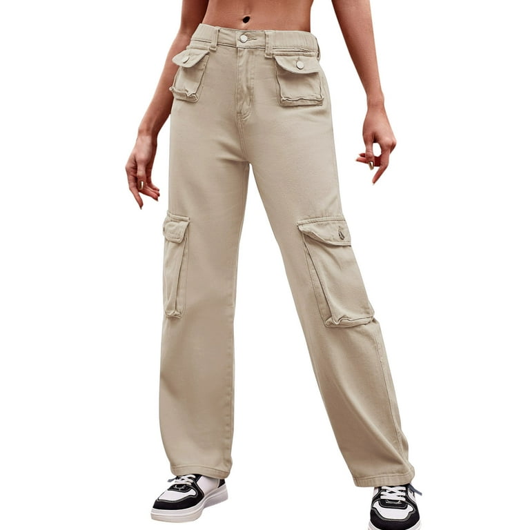 haxmnou women casual fashion high waisted cargo pants wide leg casual denim  trousers multi pocket cargo jeans khaki s 
