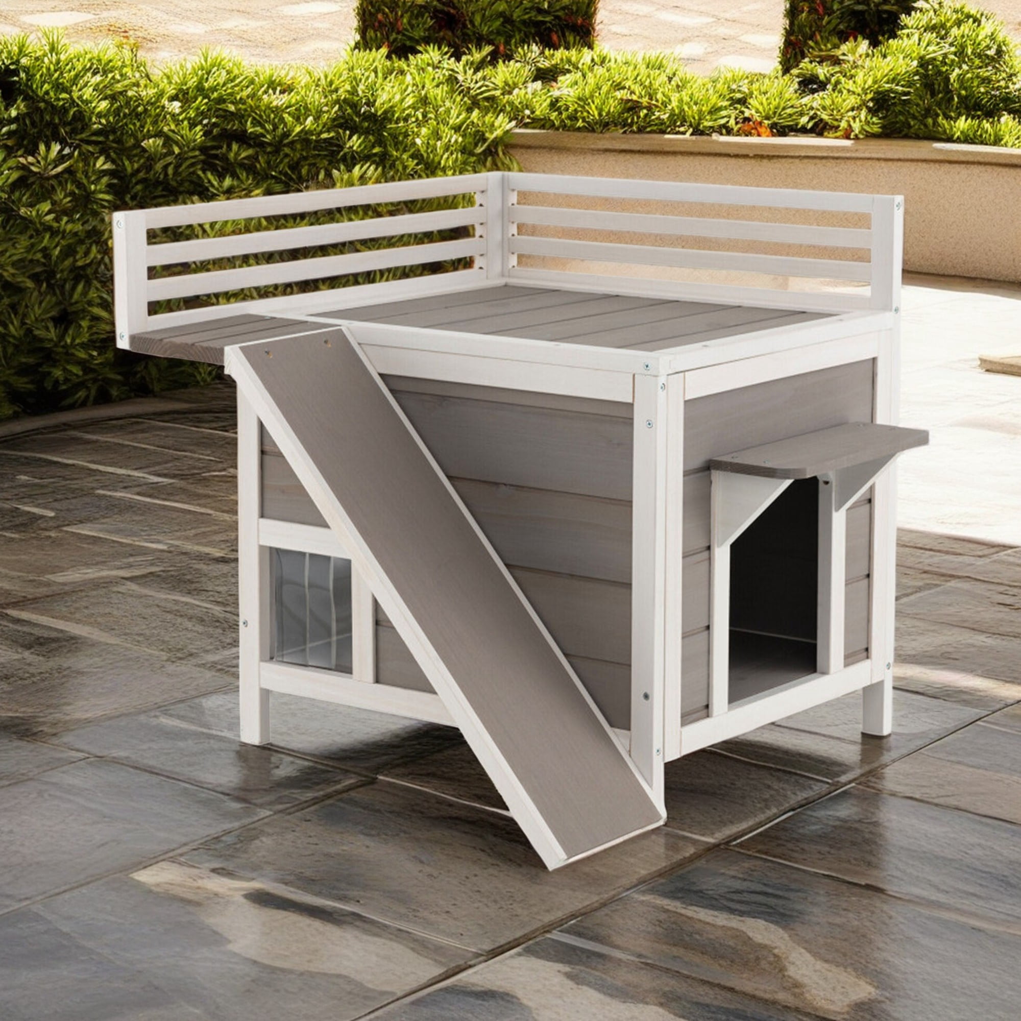 resenkos 27" Outdoor Cat House, Wood Cat Condo for Small Cats, Weatherproof Cat Shelter with Escape Door, Gray