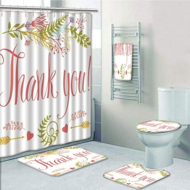 PRTAU Romantic Thank You Quote Surrounded with Leaves Ivy Hearts Arrows 5 Piece Bathroom Set Shower Curtain Bath Towel Bath Rug Contour Mat and Toilet Lid Cover