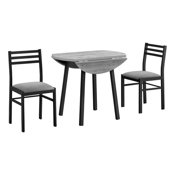 Miekor Furniture Dining Table Set, 3pcs Set, Small, 35" Drop Leaf, Kitchen, Black Metal, Grey Laminate, Contemporary, Modern 8795