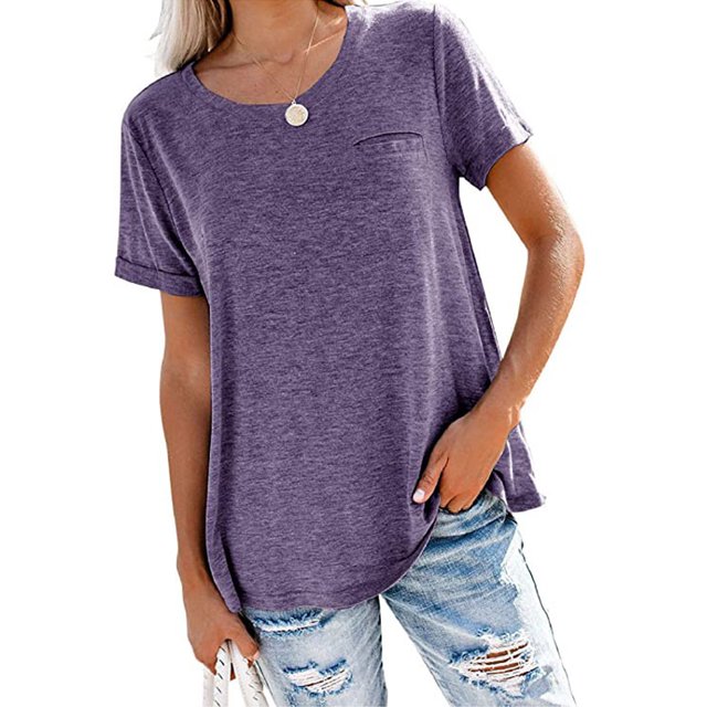 LUXUR Tee-Shirt Femme Manches Courtes Hauts Couleur Unie T-shirt Tunique Mode Blouse Col Rond T-shirt Violet P