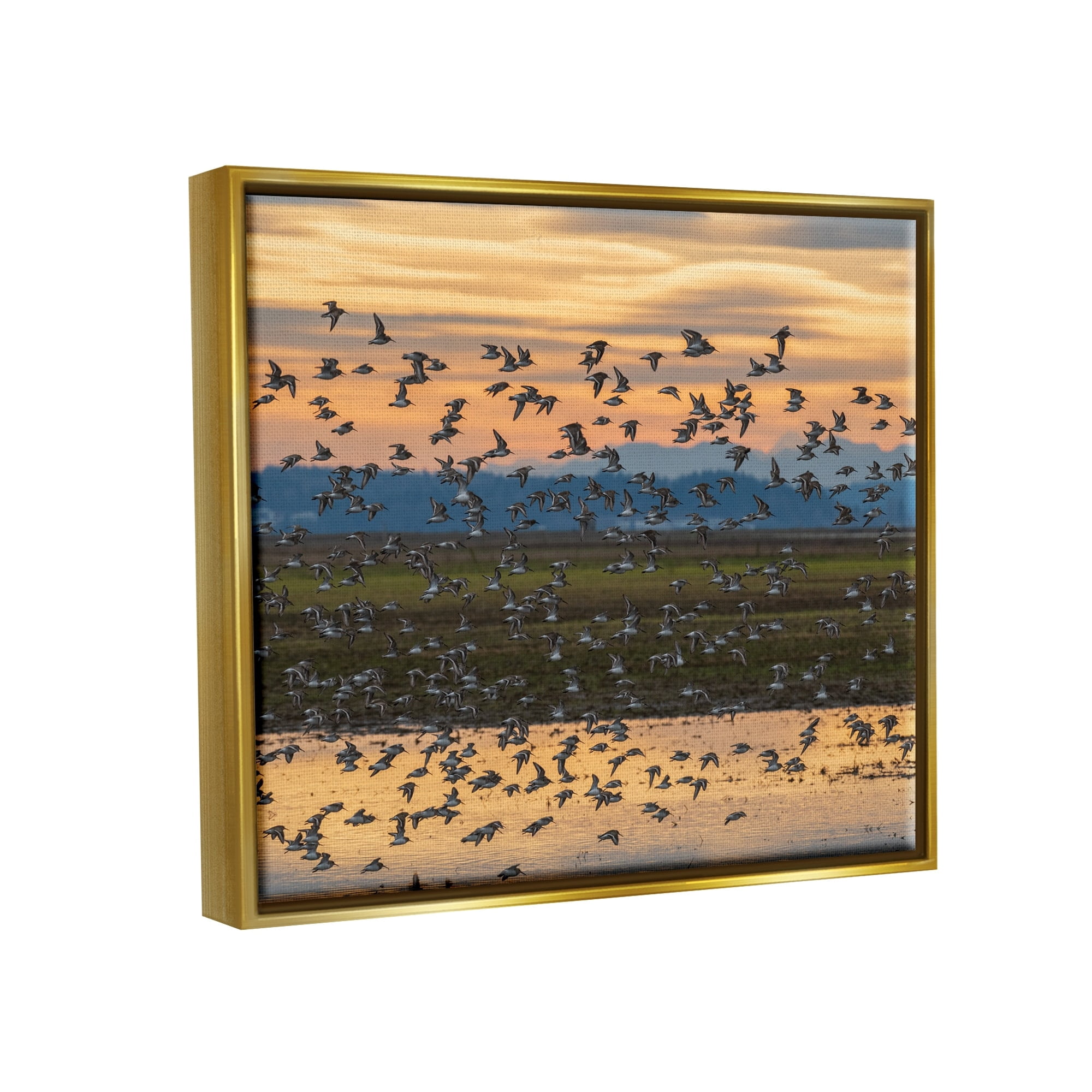 Stupell Industries Flock of Birds Flying Lake Reflection Orange Sunset Painting Metallic Gold Floating Framed Canvas Print Wall Art, Design by Nancy Crowell
