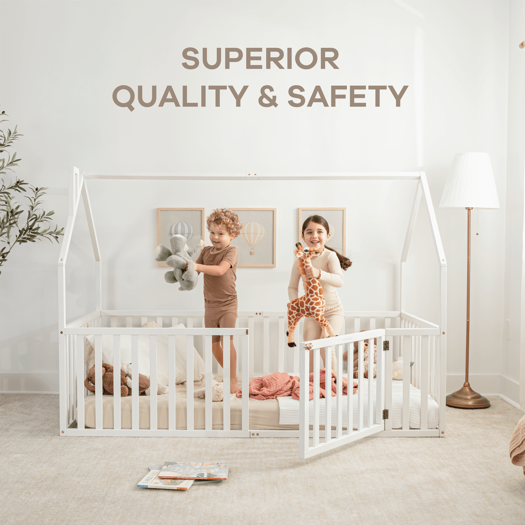 Comfy Cubs Kids House Gated Floor Bed Twin Size for Children Aged 5+,Montessori Bed - White