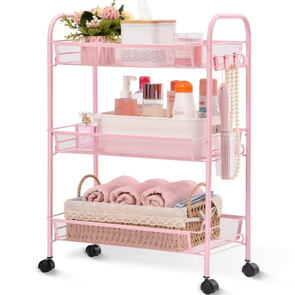KK KINGRACK Rolling Cart, 3-Tier Metal Utility Storage Cart with Wheels for Office & Home, Pink, 17.2"D x 10.2"W x 24.8"H