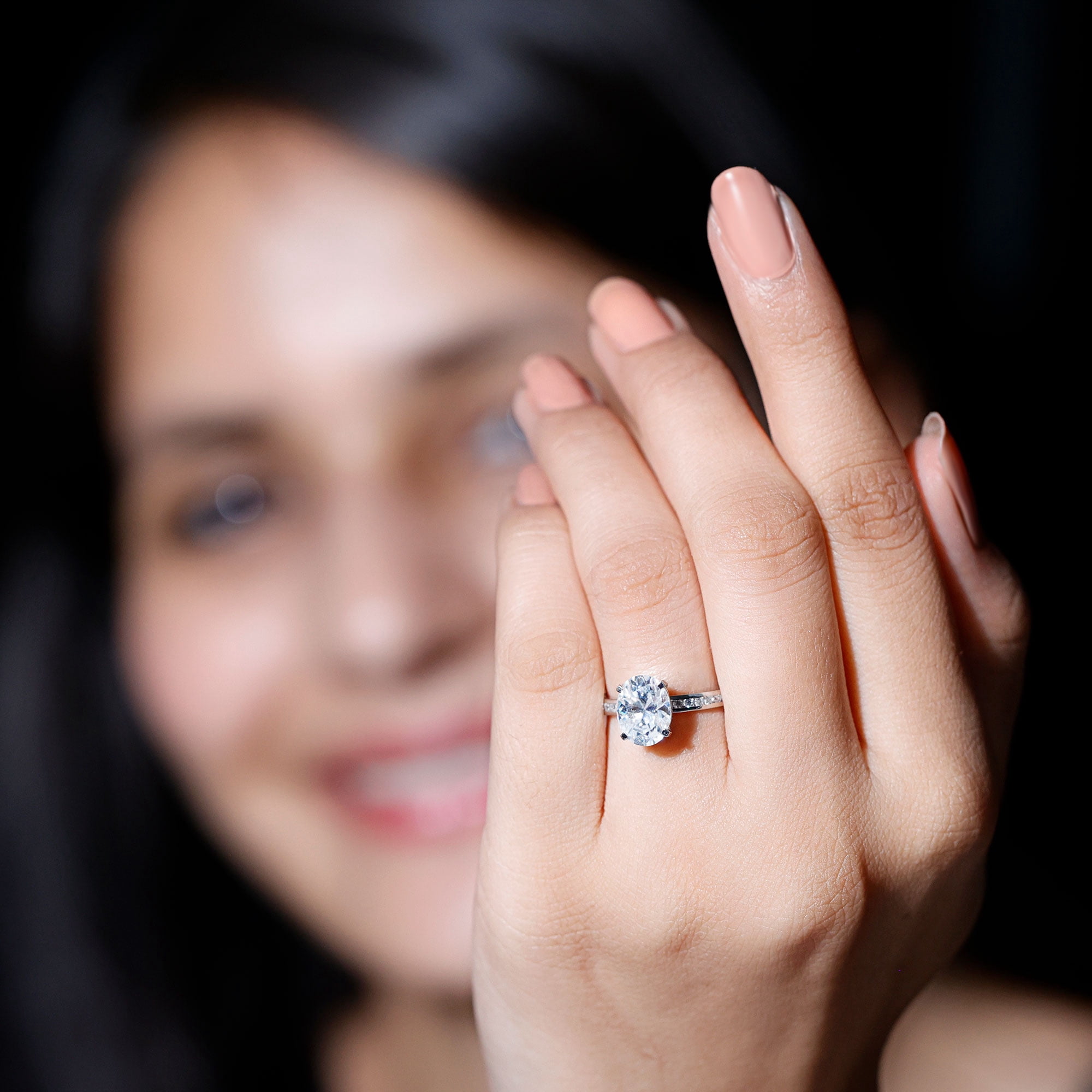 Rosec Jewels 2 Carat Oval Shape Moissanite Engagement Ring with Side Stones for Women (D-VS1 Quality) - with Jewelry Box, 14K White Gold, US 13.00