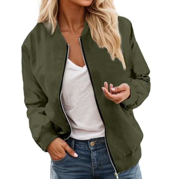 Arlun Women's Zip up Bomber Jackets Casual Long Sleeve Spring Zipper up Loose Fit Coats Lightweight Solid Color Simple Stylish Outerwear Windbreaker with Pockets Army Green XL