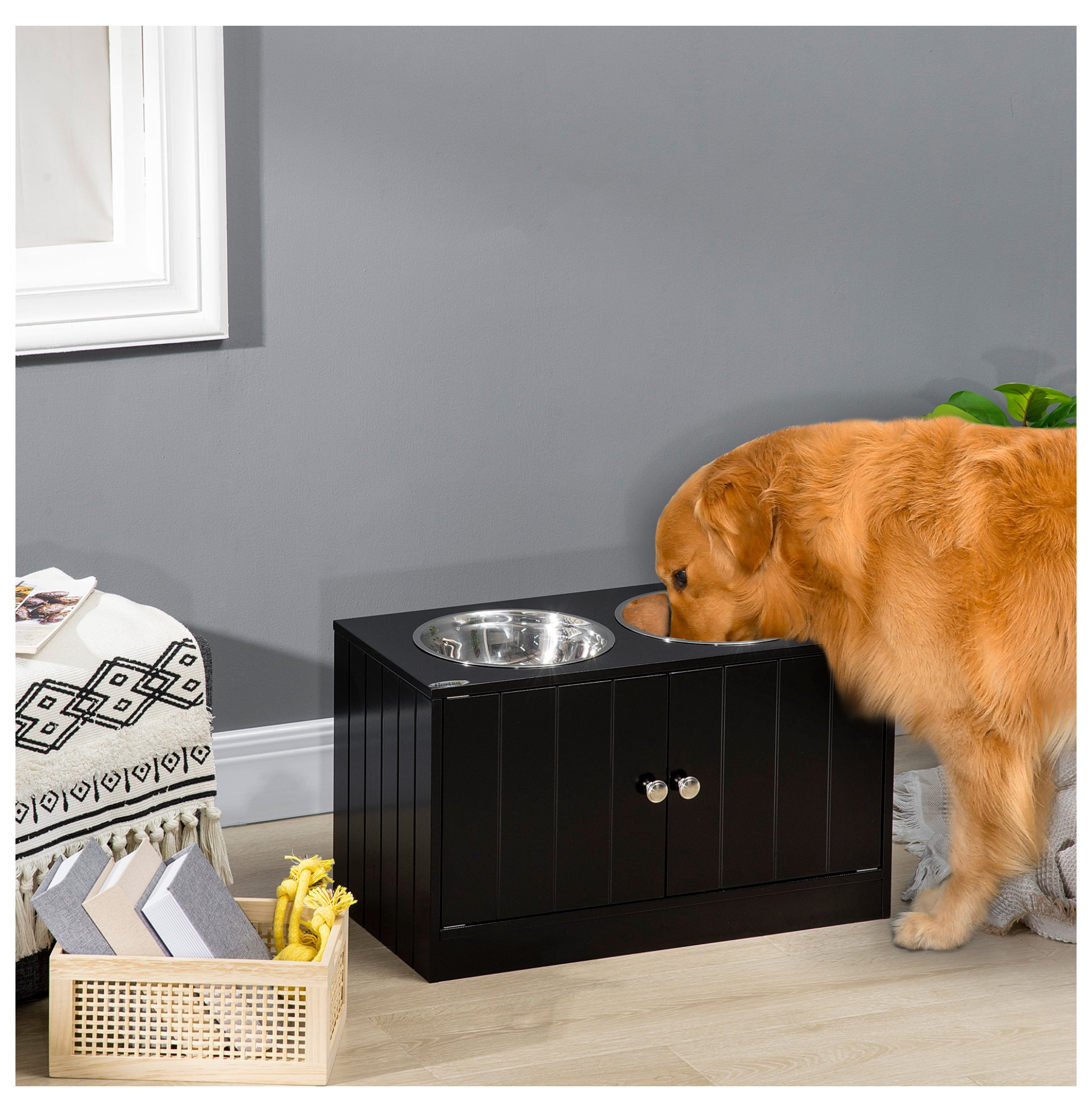 Raised Dog Bowls with Storage, 44L Pet Feeder Station, Large Stainless Steel Bowls, Elevated Dog Bowl Stand for Large Dogs, Black