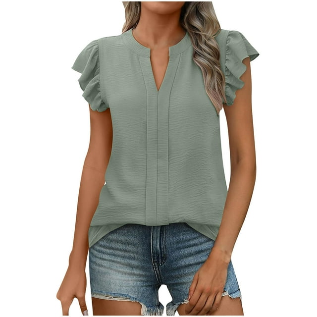 Timegard Summer Top for Women Ruffle Cap Sleeve V Neck Lightweight Tee Casual Solid Color Tunic Top