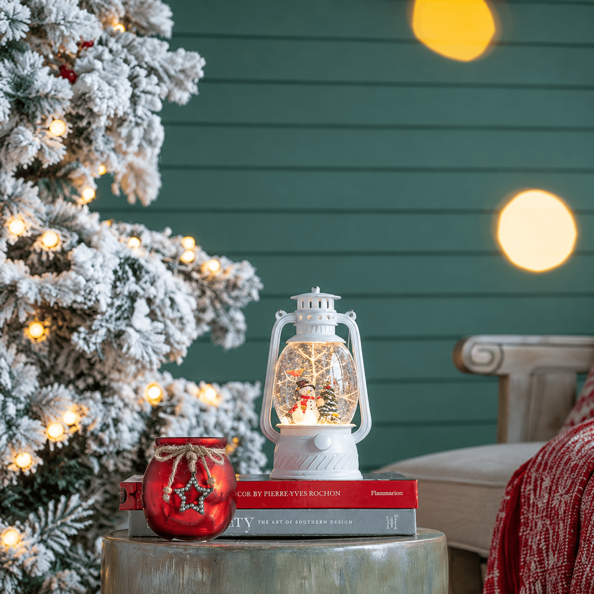 Lighted White Spinning Lantern Christmas Decor with Snowman and Tree 6 Hour Timer Plastic Polyresin Tabletop Holiday Accent