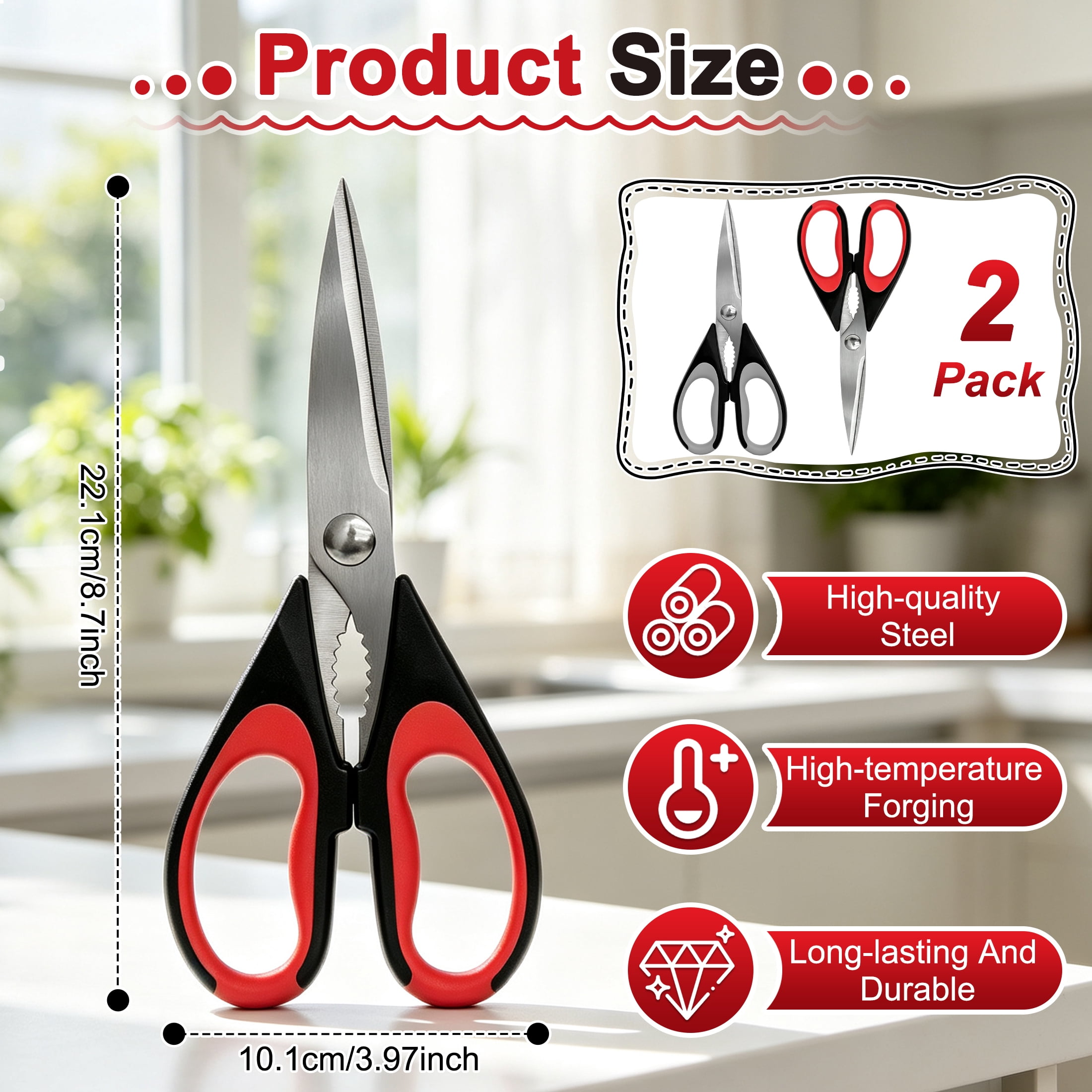 2 Pack Multi-Purpose Kitchen Scissors, Stainless Steel Heavy Duty Kitchen Cooking Shears with Bottle Opener, Soft Grip Food Prep Scissors for Food, Vegetables, Poultry, Herbs