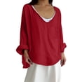thumbnail image 2 of Women's T-Shirts Casual Loose Plus Size Long Cotton Texture Dress Basic Long Sleeve Shirts for Women Red XL, 2 of 7