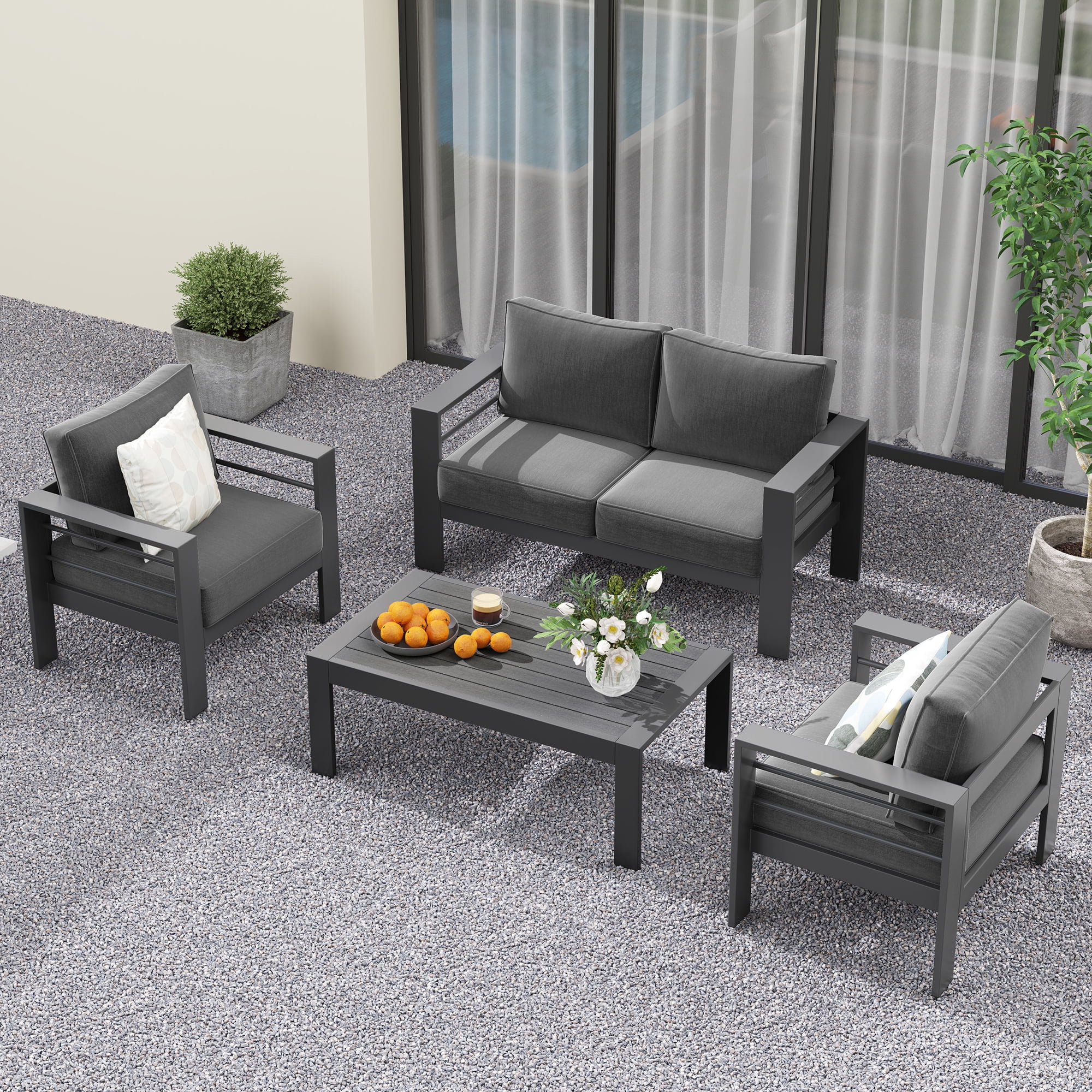 CozyHom Outdoor Patio Aluminum Coffee Table, Modern Patio Rectangular Metal Coffee Table, Gray