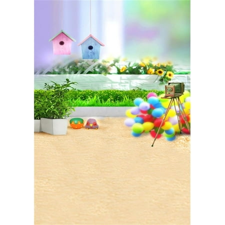 HelloDecor Polyester 5x7ft Artistic Photography Studio Background Girl Photo Shoot Backdrops Balloons Flower Grass Toy Bird Cabin Camera Stand Blurry Sand
