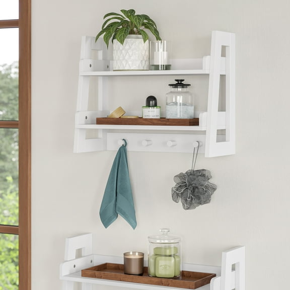 RiverRidge Amery 2-Tier Bathroom Ladder Shelf with Open Storage and Towel Hooks - White