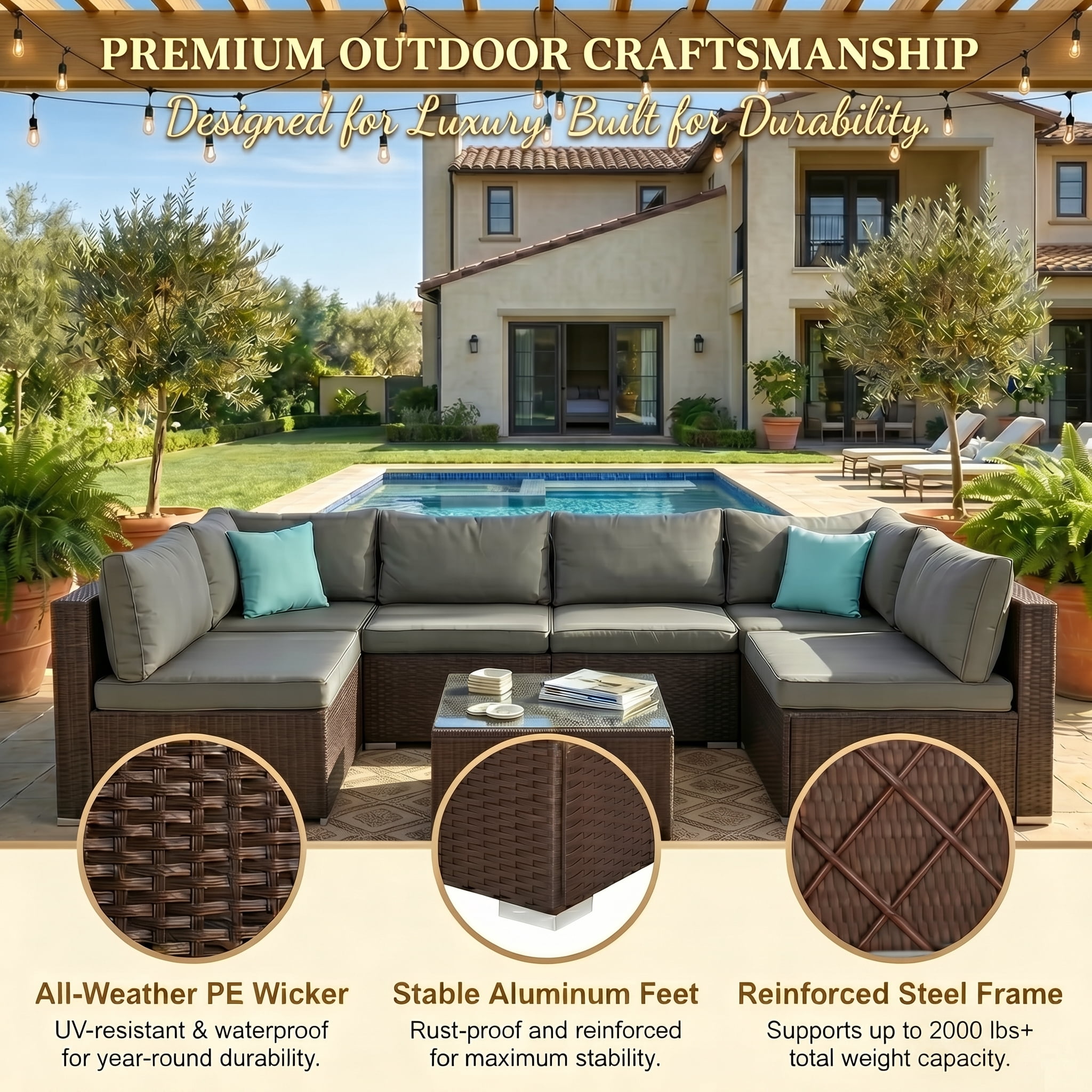 Howcool 7-Piece Modular Outdoor Patio Furniture Set with Cushions and Tempered Glass Table
