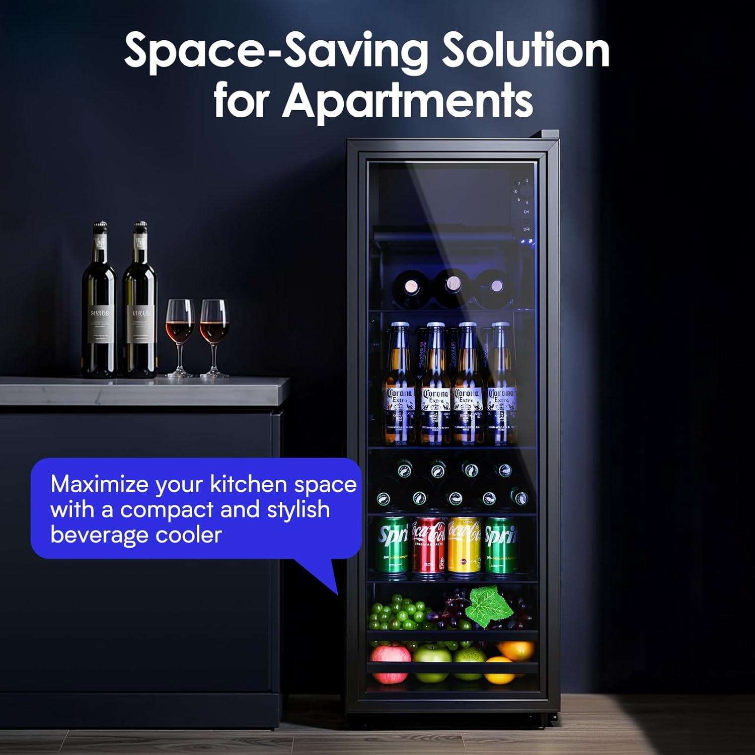 GGTB 4.5 Cu.ft Beverage Refrigerator with Glass Door, Mini Fridge with Freezer Compartment, 7 Temperature Settings, Adjustable Shelves for Soda Beer Wine, for Home Office Bar, Black