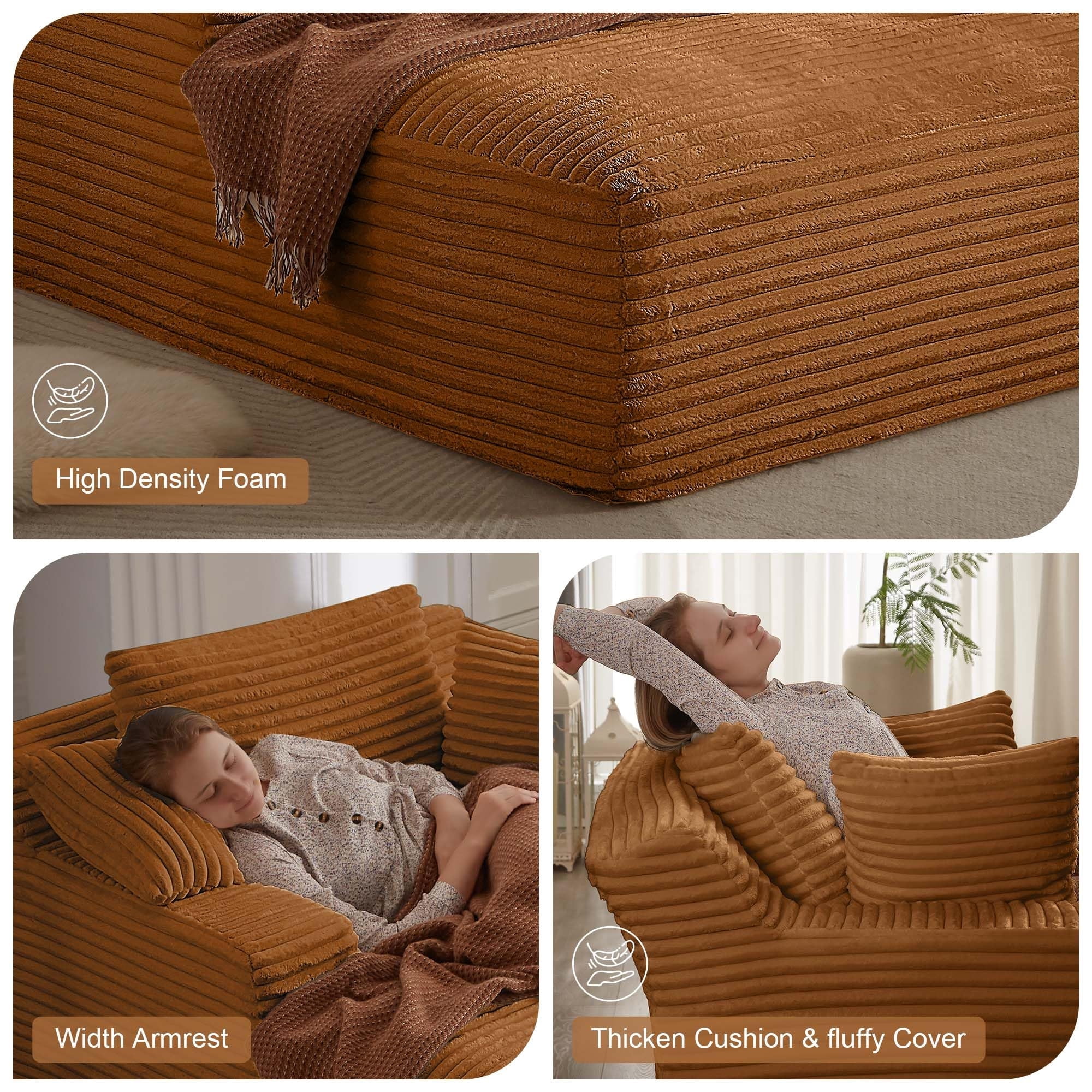 Aukfa 66" Oversized Chaise Lounge Indoor Chair Boneless Couch for Living Room Bedroom, 3Pillows, Orange