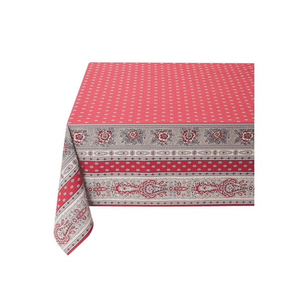 Rectangular Bastide Red 59" x 78" Easy-Care Cotton Coated French Tablecloth, Spill Resistant Wipeable, Bastide Rouge by Tissus Toselli, Acrylic Coated 100% Cotton, Provencal French Luxury Linen