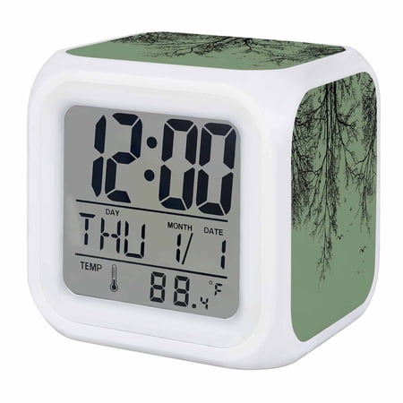 Alarm Clocks Tree Branches Bird Digital Clock 7 Color LED Night Light Silent Non-Ticking Battery Operated Green Black Twigs Deadwood Cube Clocks for Bedroom Bedside Living Room Office School