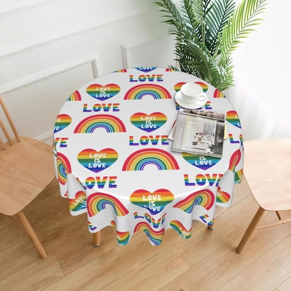 Rainbow with A Heart and The Inscription Love is Love Tablecloth Round Table Cover Washable Polyester Table Cloth for Kitchen Party Picnic Dining Decor 60 Inch