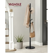Freestanding Solid Wood Coat Rack with 7 Hooks, 3 Height Options, 44 lb Capacity for Entryway Hallway, Rubberwood, Black