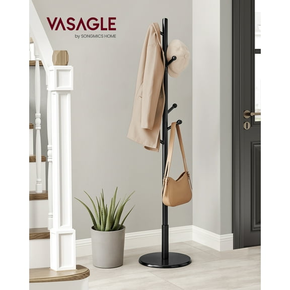 Freestanding Solid Wood Coat Rack with 7 Hooks, 3 Height Options, 44 lb Capacity for Entryway Hallway, Rubberwood, Black