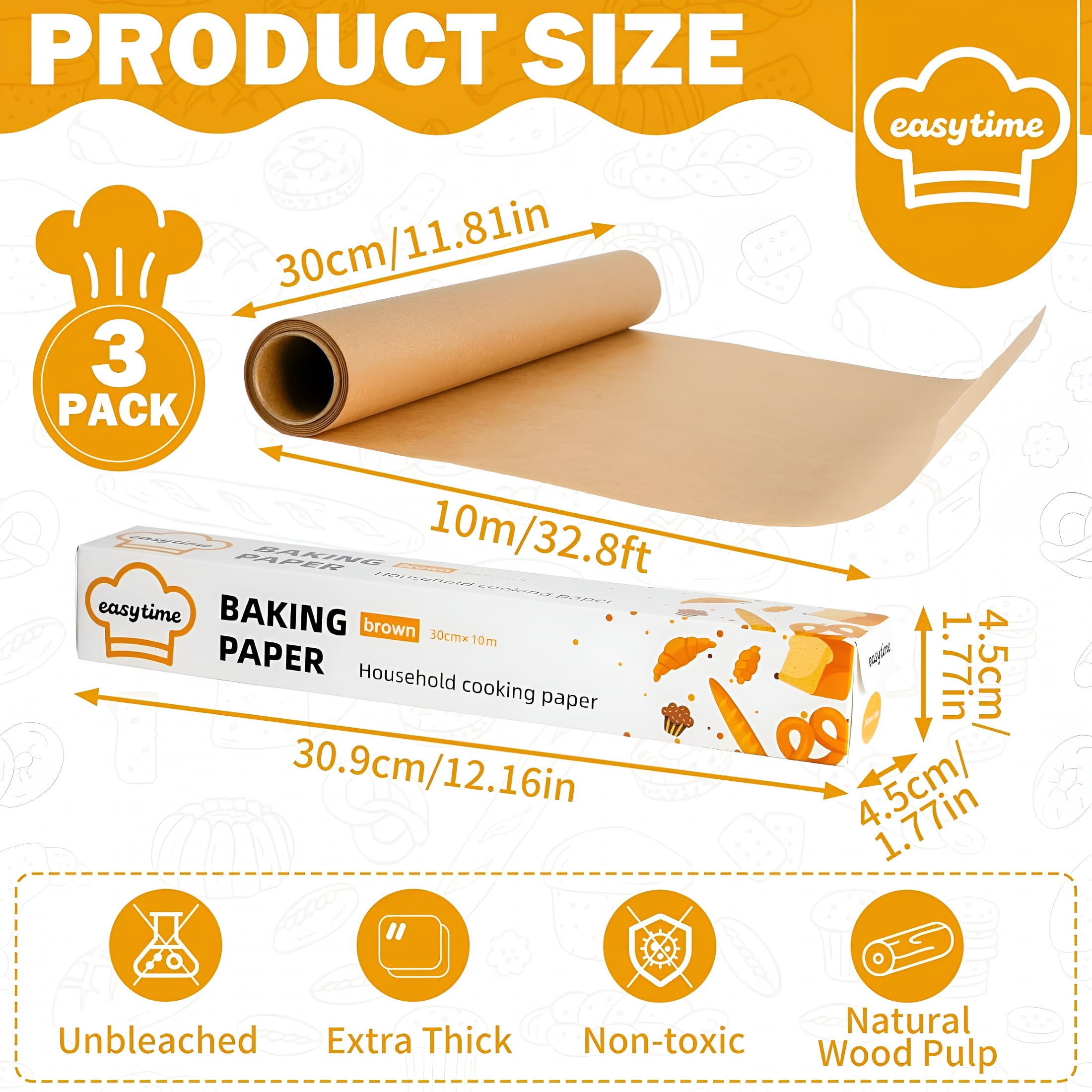 CCOCC Unbleached Parchment Paper Roll for Baking 12In X 98Ft,3 Pack of 12In X 32.8Ft,Parchment Paper Built in Metal Cutter,Non Stick for Baking,Grilling,Air Fryer,Meal Prep,Pans and Oven