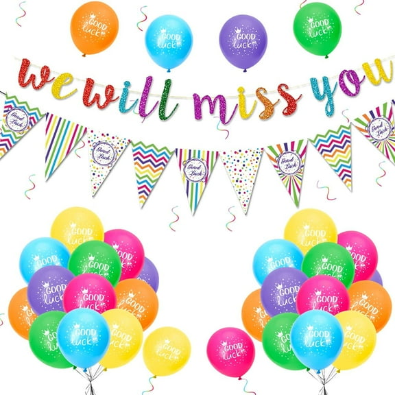 YANSION We Will Miss You Banner Rainbow Party Decorations with Good Luck Balloons Colorful Triangle Flag Banner for Retirement Graduation Leaving Party Going Away Farewell Party