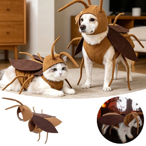 Halloween Puppy Cat Costume, Cockroach-Themed Jumpsuit with Antennae, Dog Cockroach Shaped Outfits for Halloween, Birthday, Party ,Brown - 44cmX28cm