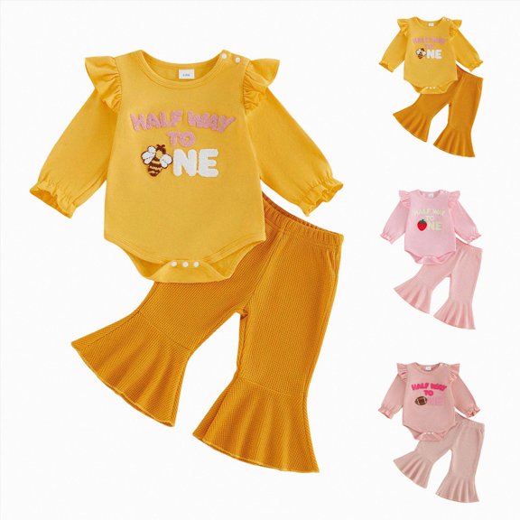6-12 Months Toddler Kids Girls Clothes Ruffled Tops and Pants with Pockets Clothing Sets 2 Piece Outfits Set Children's Gift Set Girls Yellow Tracksuit