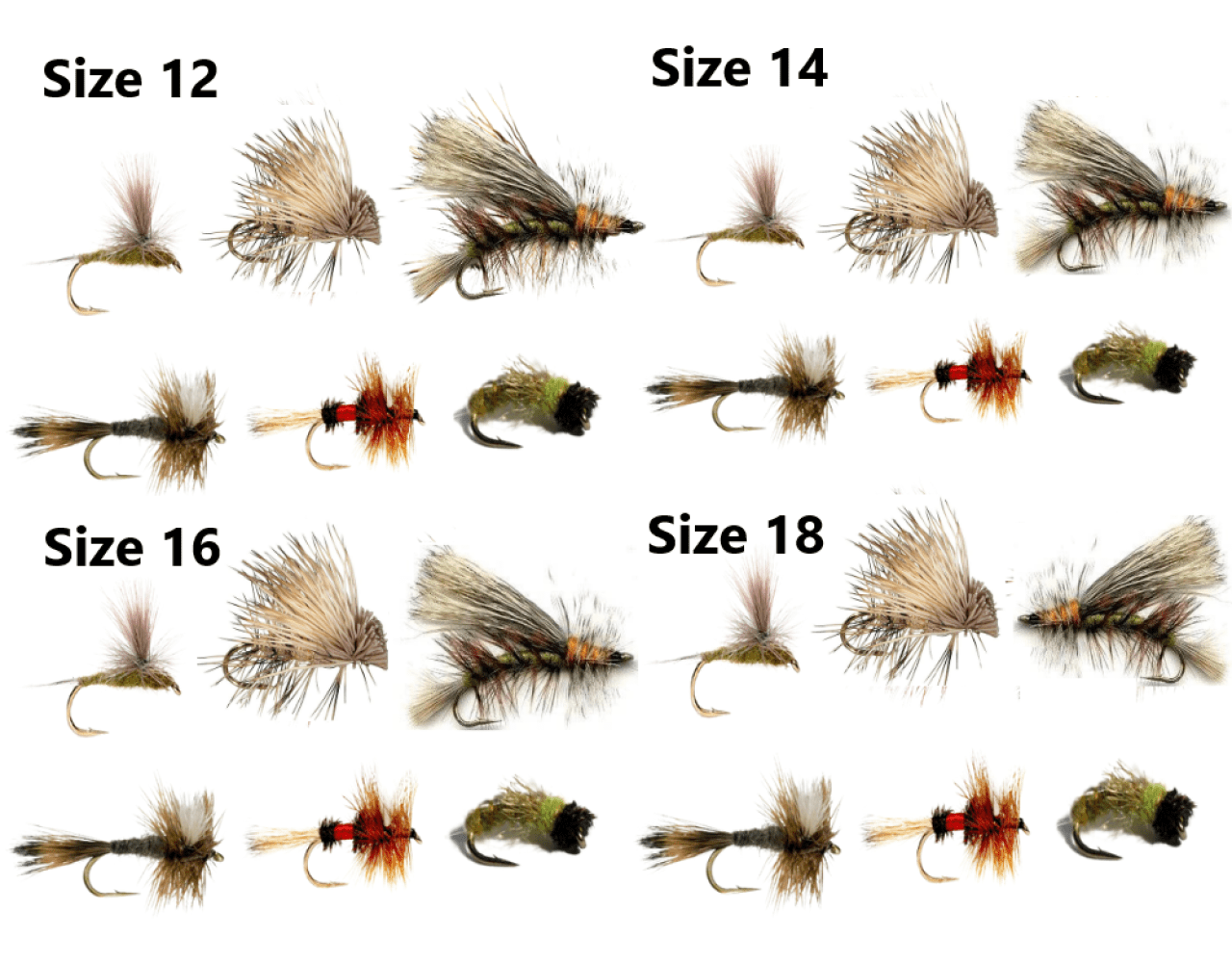 Named Varieties & mixed sizes Summer Trout Fishing Flies 50 Dry Flies