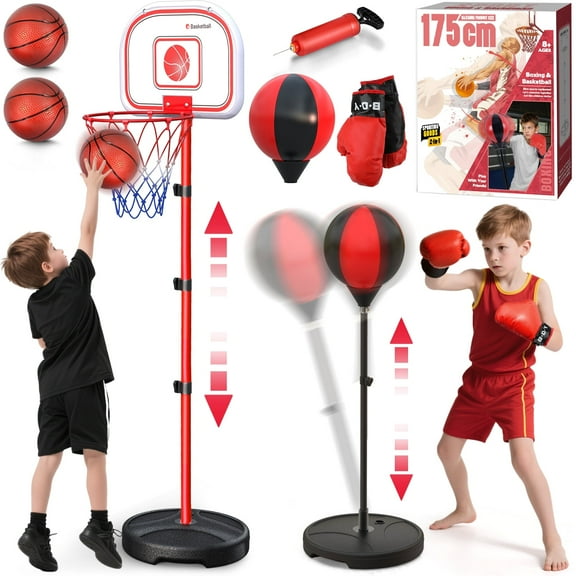 Huge Wave 2 in 1 Basketball Hoop for Boys, Kids Basketball Hoop & Punching Bag Indoor Outdoor, with Boxing Gloves, Toddler Sports Toys Gifts for Kids Ages 4-12