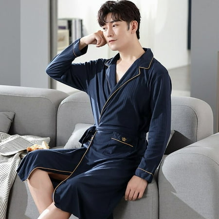 

QWZNDZGR Spring Autumn Knitted Cotton Bathrobe Men Sleep Lounge Kimono Bath Robes masculino Dressing Gown Navy Blue Sleepwear Men Fashion