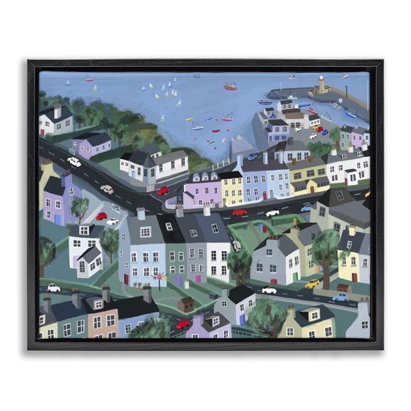 Stupell Industries Coastal Port Town Neighborhood Houses Black Floating Frame Canvas Art, 31 x 25, by Carla Daly