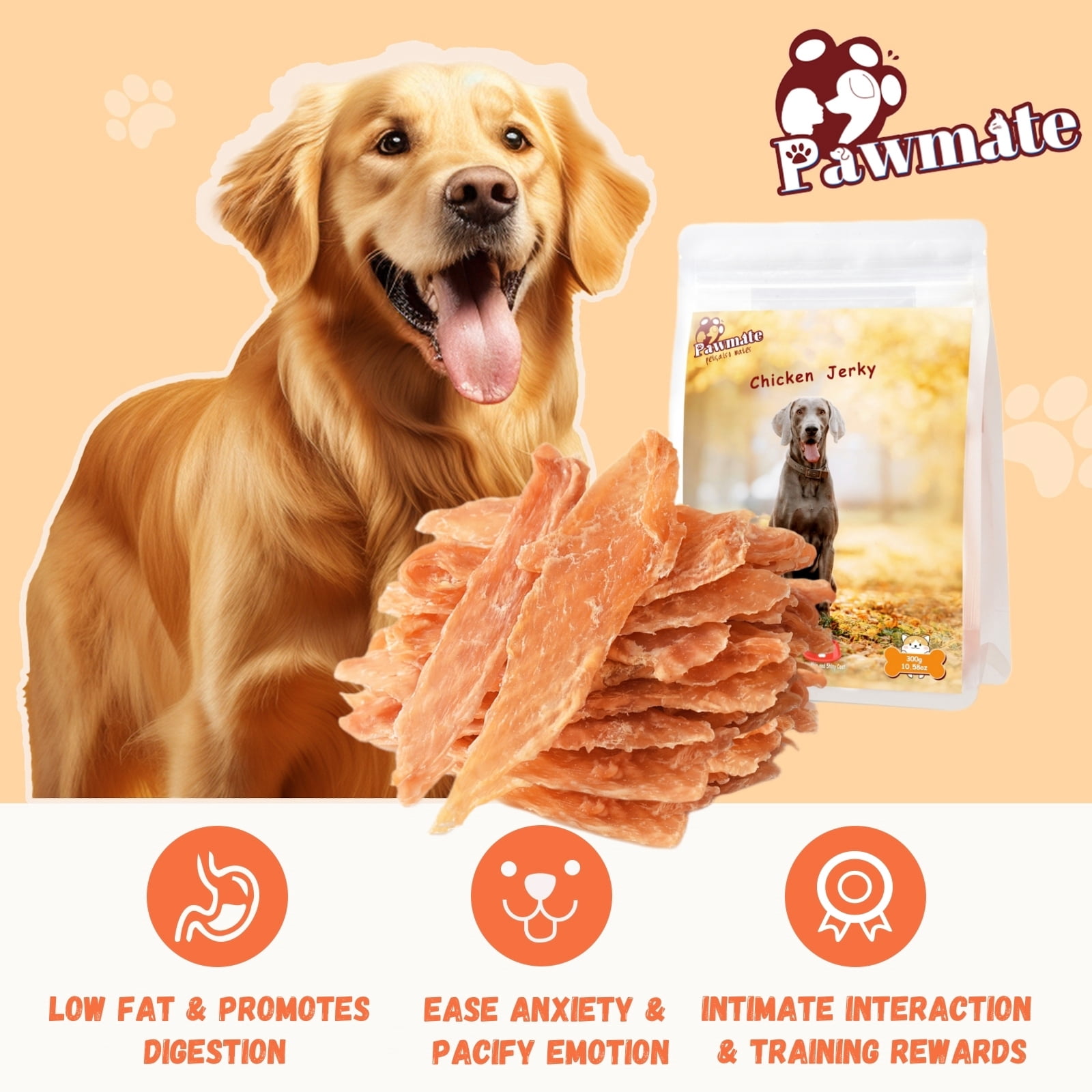 (2 pack) Pawmate Chicken Jerky Dog Treats, Pure & Tasty Jerky for Small Medium Large Dogs, 11oz