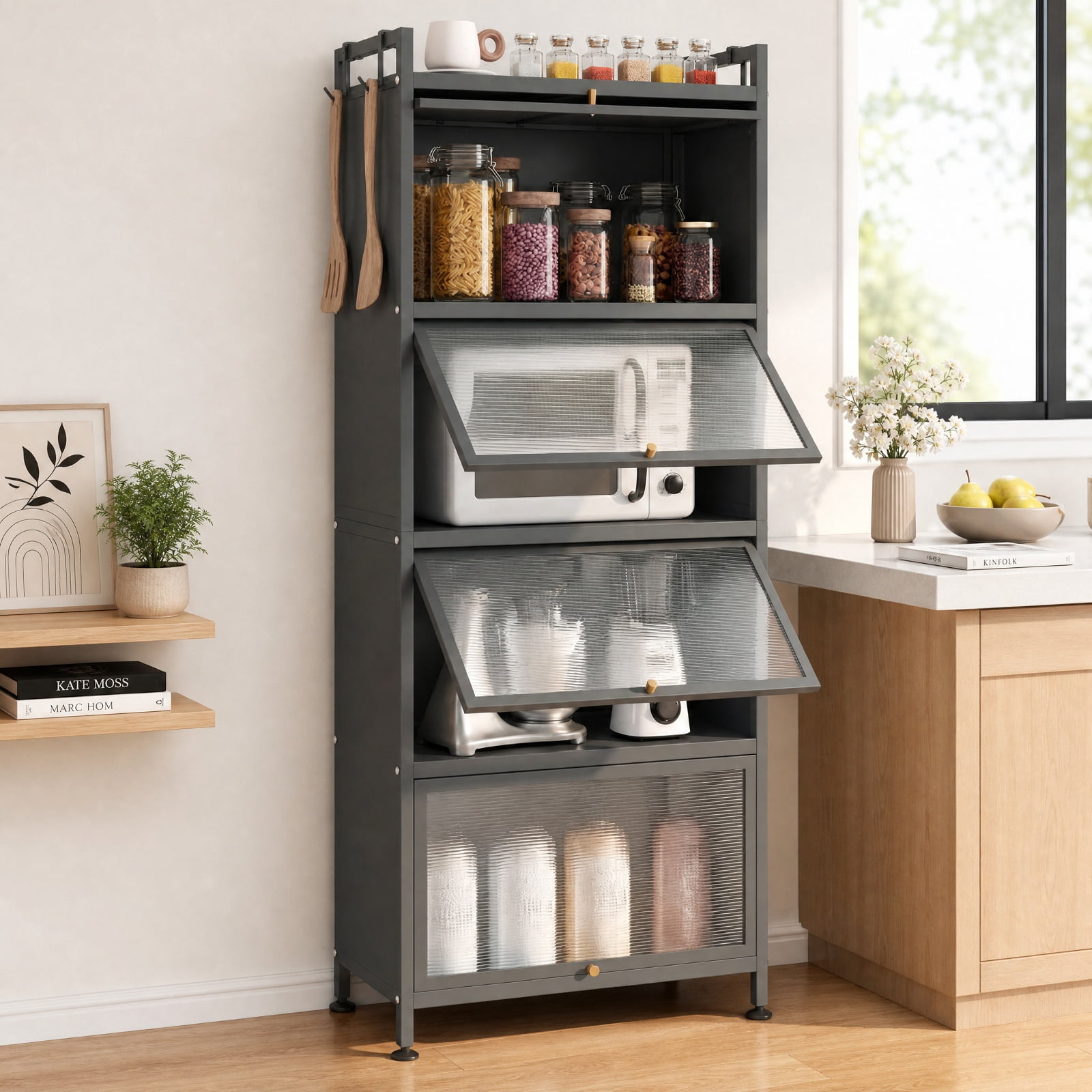 RUIE 5-Tier Rolling Kitchen Storage Cabinet with Flip-up PC Doors, Metal Baker's Rack Pantry Shelf with Universal Wheels, 165 lbs Capacity, Gray