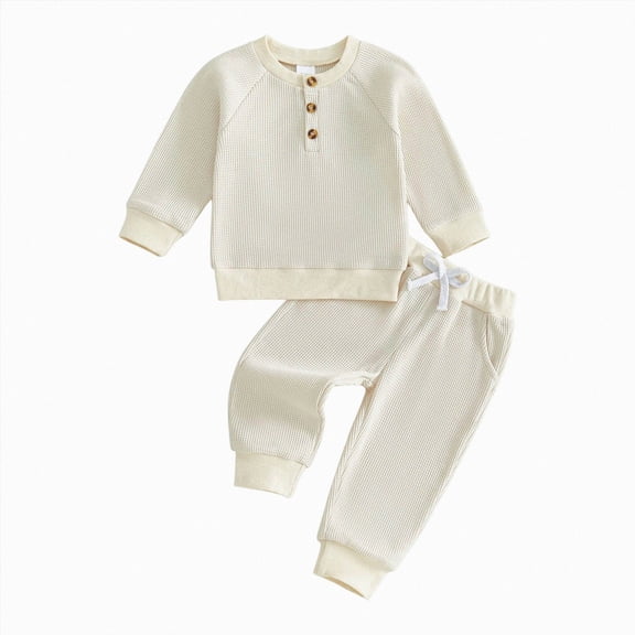 UAYOTSE Baby Boys Henley Button Waffle Knit Outfit Drawstring Jogger Pants Casual Fall Daily Clothes Size 3-6 Months