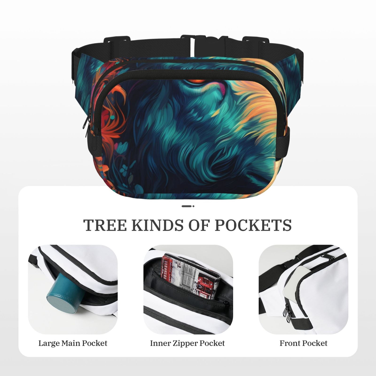 Picia Colorful Flower Goat Print Square Double-Layer Waist Bag Mini Adjustable Waist Belt Bag Exercise Running Travel Hiking