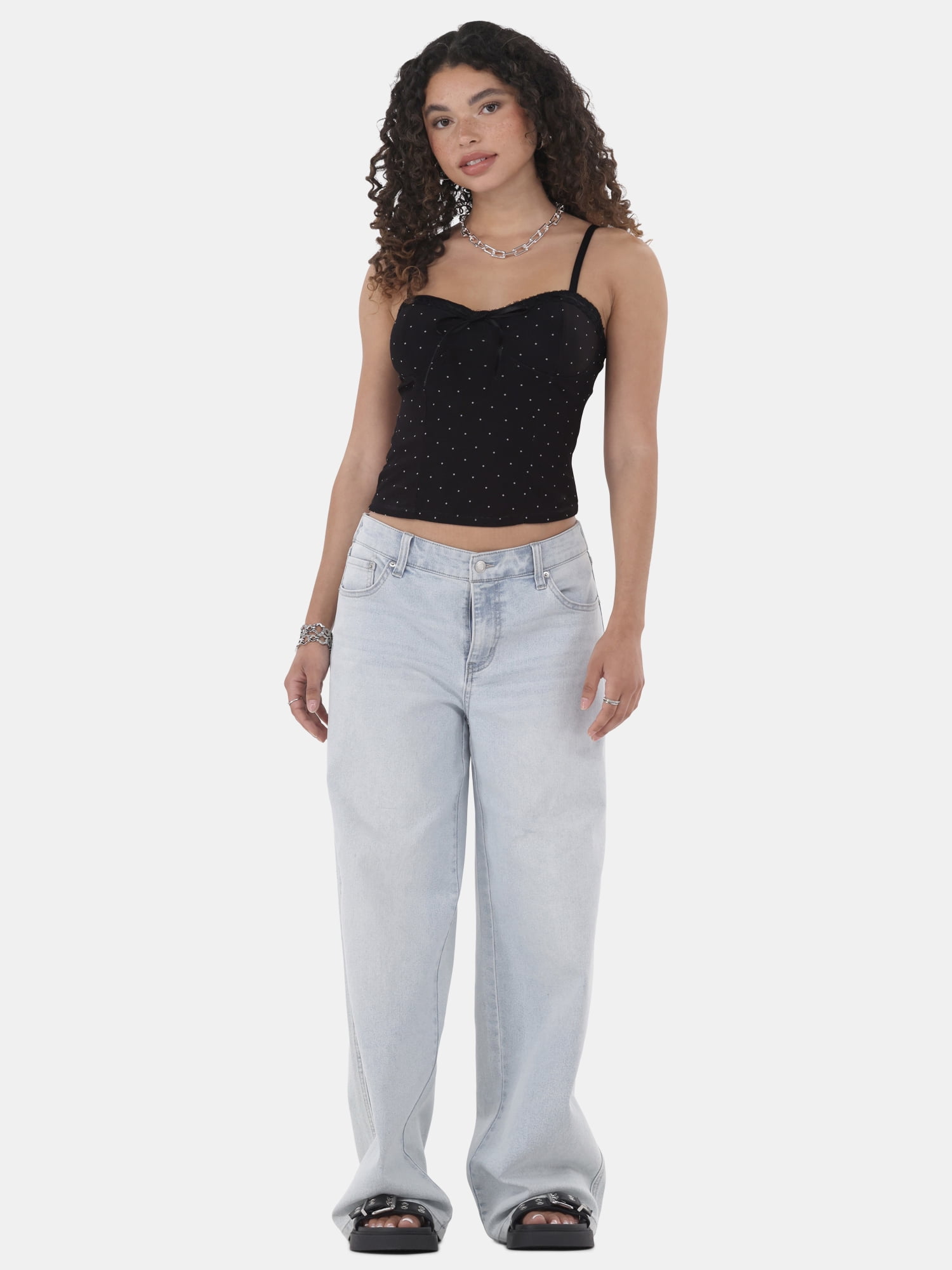 No Boundaries Printed Corset Top with Lace Trim, Women's and Women's Plus