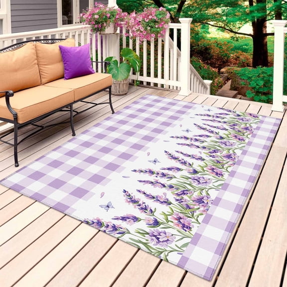 Purple Lavenders Outdoor Rug 6x9 Ft, Non Slip Washable Area Rug, Spring Floral Plaid Farmhouse Elegant Patio Rugs Carpet Runner, Large Floor Mat for Indoor/Outdoor Deck Porch Camping