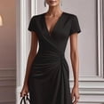 thumbnail image 2 of Morttic Women's Elegant Short Sleeve Dress – V-Neck Pleated Detail, Asymmetrical Hem, Solid Color Evening Party Gown Black，XXL, 2 of 4