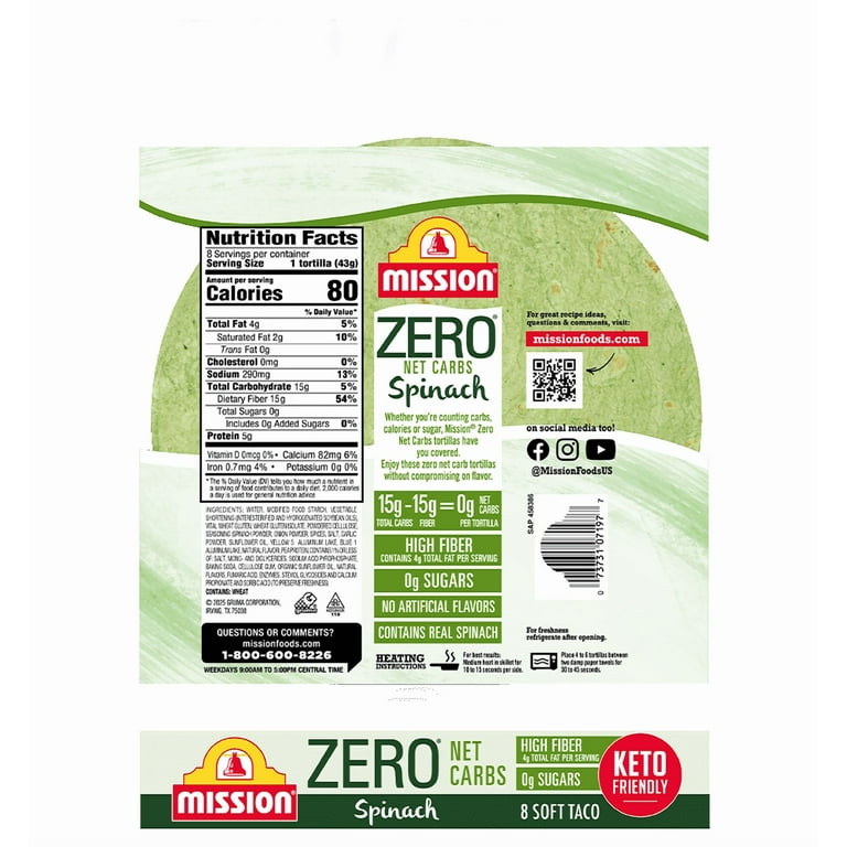 Mission Zero Net Carbs Spinach Soft Taco Tortilla 2 Pack, 8 Count