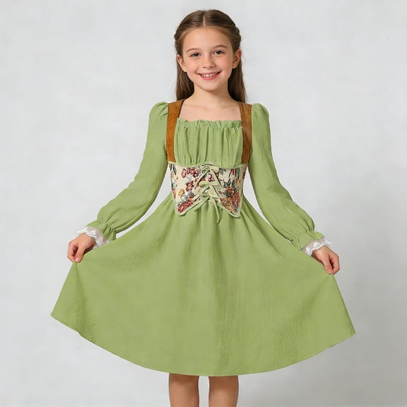 ATOGUTA Girls' Dresses Long Sleeve A Line Twirly Skater Ruffle Loose Casual Dress for Holiday Party Size 7-13. Green
