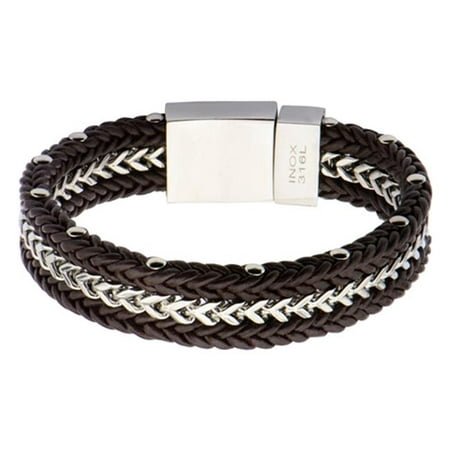 Inox Jewelry BRLT12 Double Braided Leather Stainless Steel Bracelet with Franco Chain