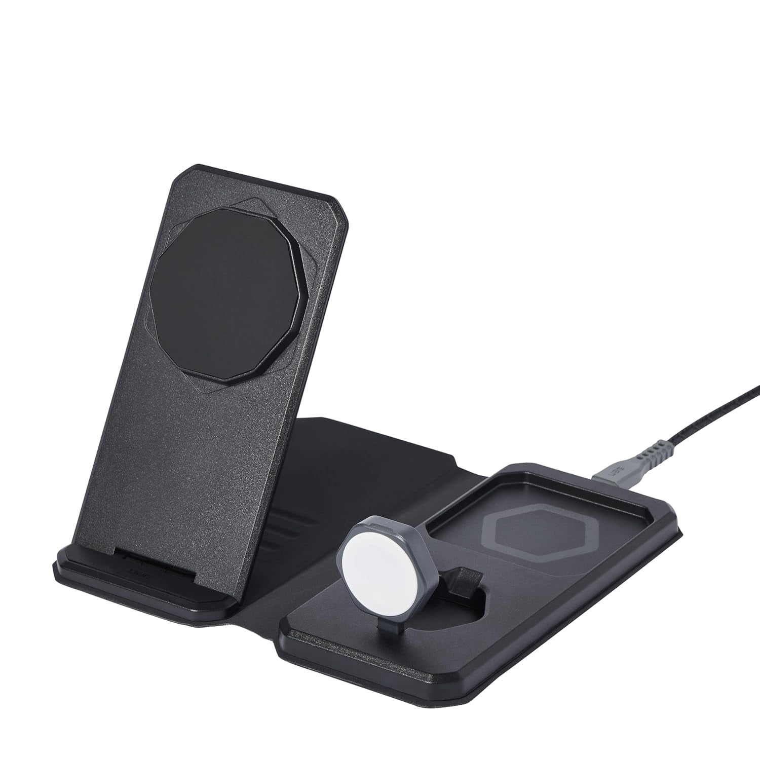 UAG 3-in-1 Travel Desktop Charger 15W Foldable Wireless Charging Station Compatible with MagSafe for iPhone 15, AirPods, Apple Watch, Black/Gray (25W USB-C PD Charger & Global Adapter Included)
