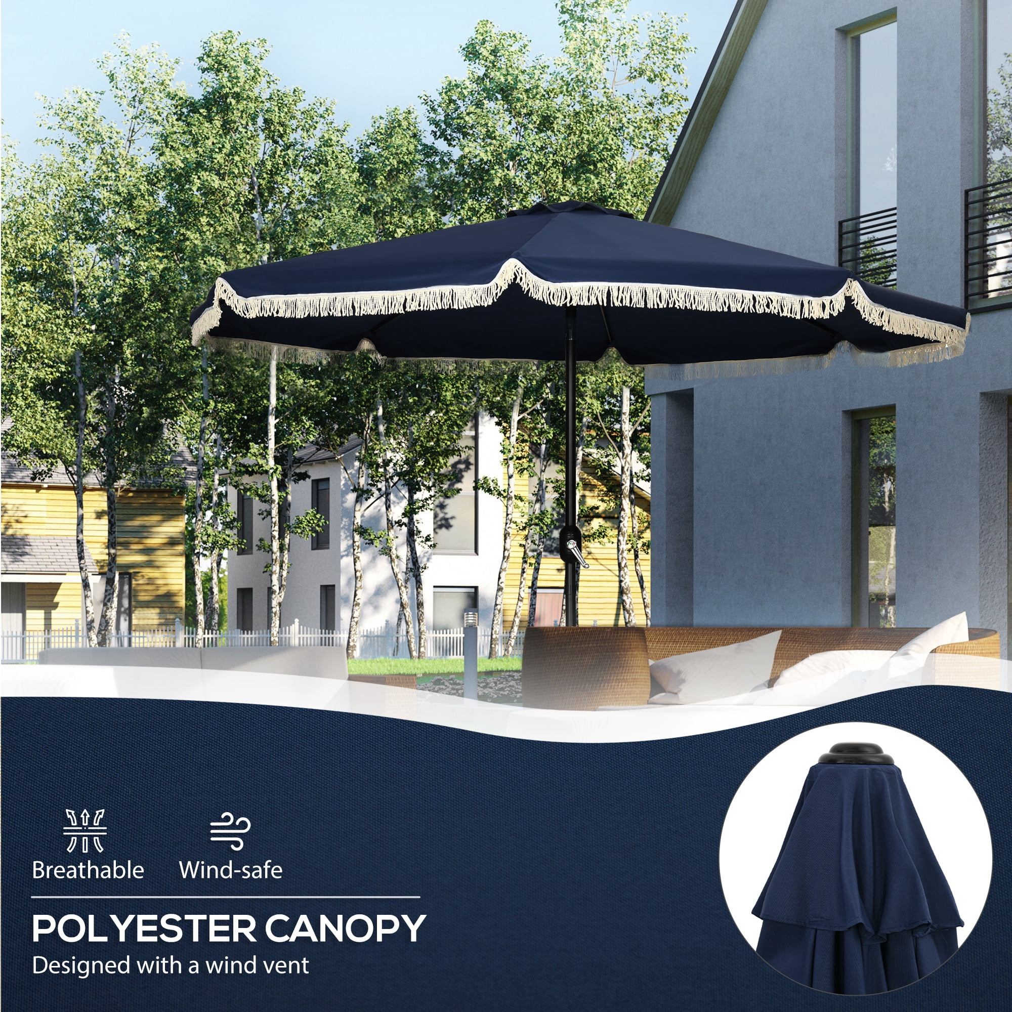 Outsunny 9ft Patio Umbrella with Tilt, Ruffled Outdoor Umbrella, Dark Blue