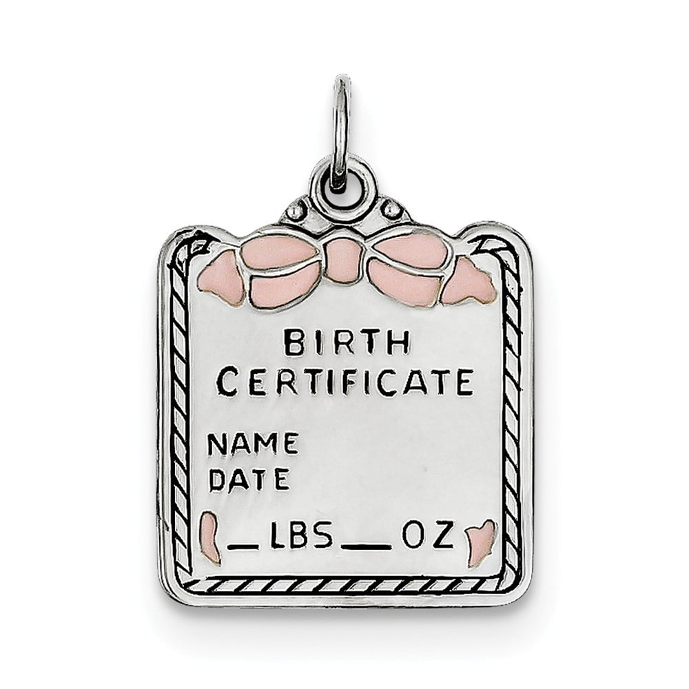 925 Sterling Silver Pink Birth Certificate Polished Charm Pendant