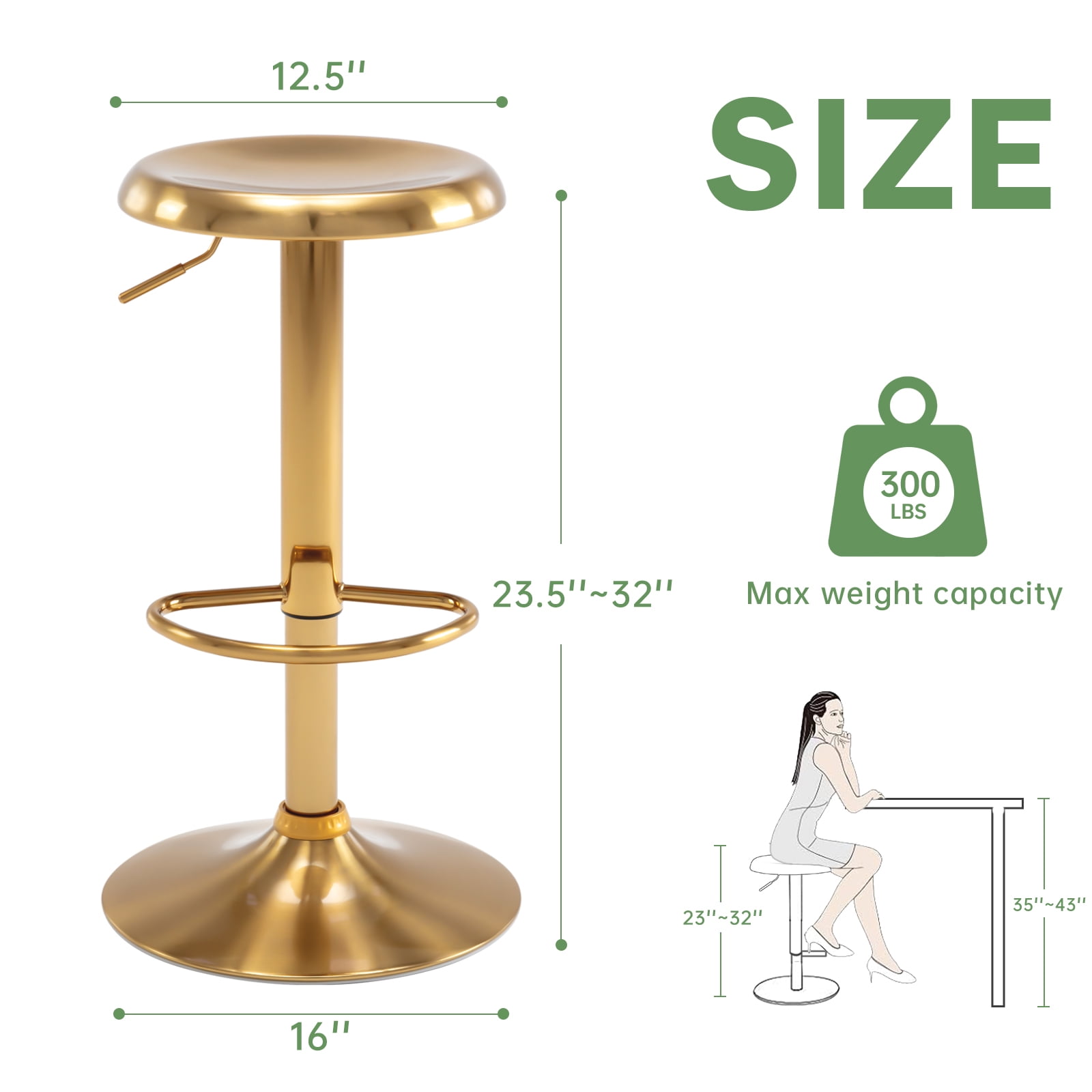 Metal Bar Stools Set of 2, Counter Height Adjustable Barstools, Backless 360° Swivel Kitchen Stools for Island, Dining, Bistro, Pub (Gold）