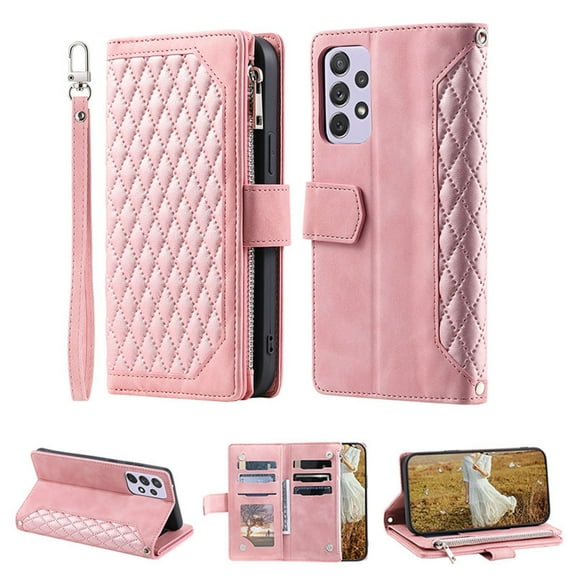 for Samsung A72 Wallet Cover, Magnetic Premium Crossbody Wallet Case, Adjustable Detachable Lanyard Neck Strap with Kickstand Card Holder Protective Cover For Samsung Galaxy A72 5G/4G,Rosegold