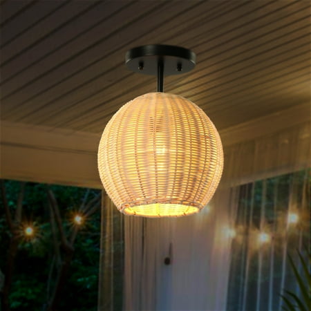 

Fanny Farmhouse Rattan Semi Flush Mount 1-Light Handmade Woven ceiling light Hand-Woven Bamboo Semi-ceiling Lamp - 9.25